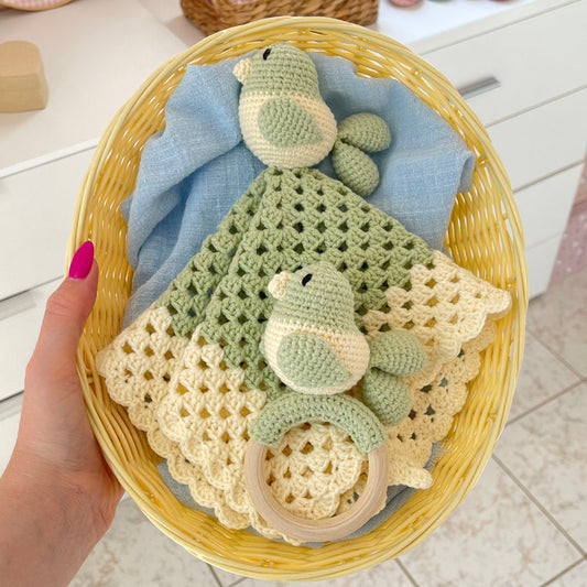 Σετ Πλεκτό Νάνι / Πανάκι Παρηγοριάς και Κουδουνίστρα Αηδόνι σε Πράσινο και Κίτρινο Χρώμα