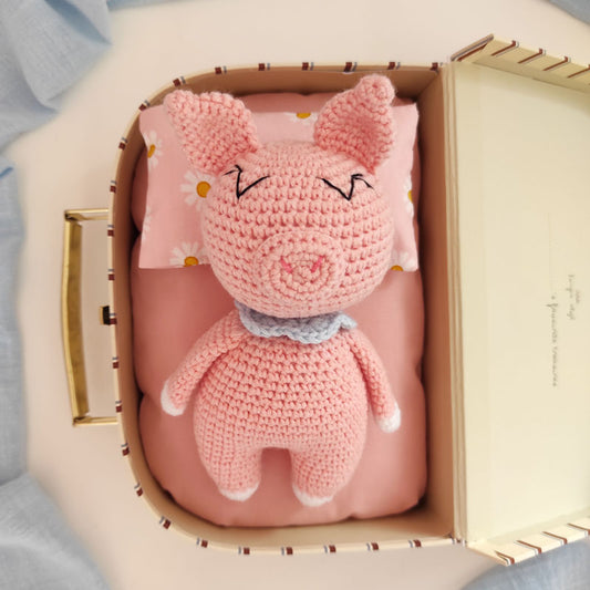 Πλεκτό κουκλάκι amigurumi γουρουνάκι ροζ, ύψος 16εκ