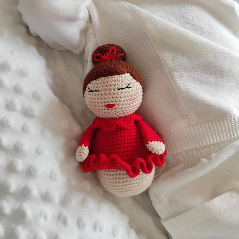 Πλεκτή Κούκλα Μπαλαρίνα με Κόκκινο Φόρεμα - Χειροποίητο Χριστουγεννιάτικο Δώρο για Μωρά και Παιδιά - Ύψος 16εκ
