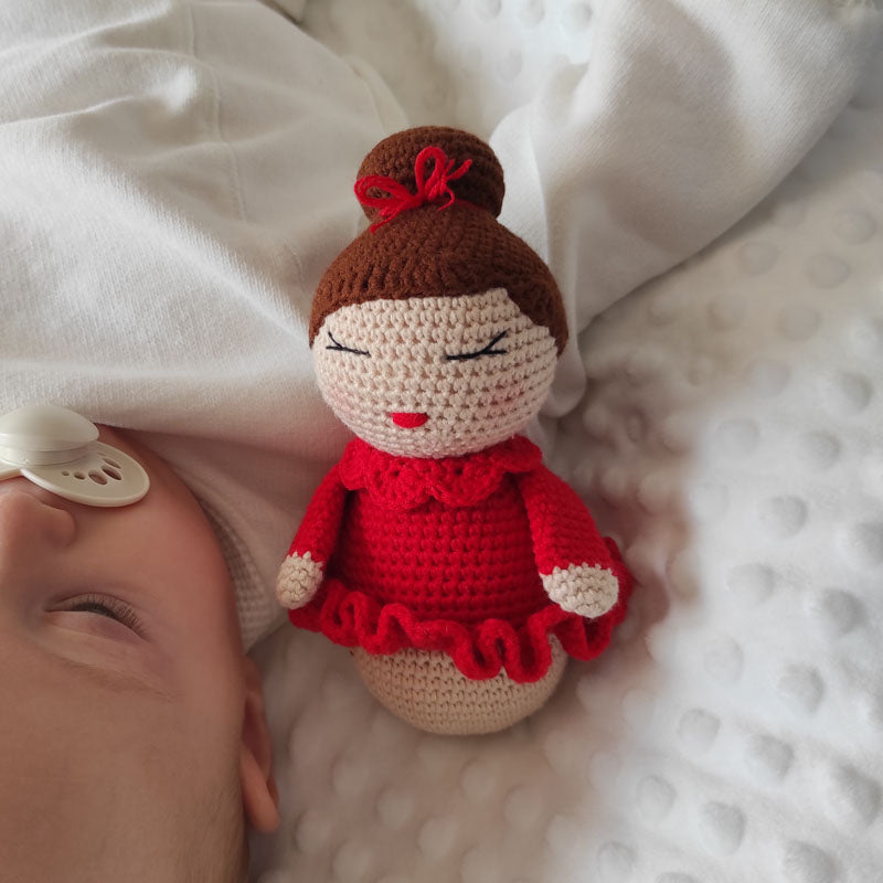 Πλεκτή Κούκλα Μπαλαρίνα με Κόκκινο Φόρεμα - Χειροποίητο Χριστουγεννιάτικο Δώρο για Μωρά και Παιδιά - Ύψος 16εκ
