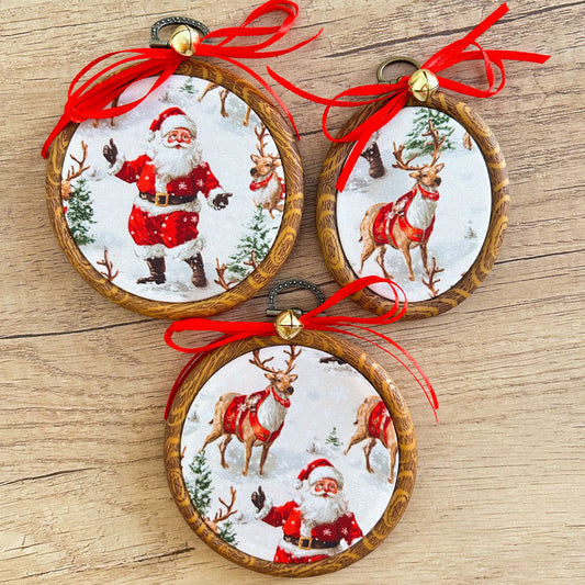 Χριστουγεννιάτικα Στολίδια σε Τελάρο Κεντήματος - 3 Τεμάχια - Άγιος Βασίλης και Ρούντολφ