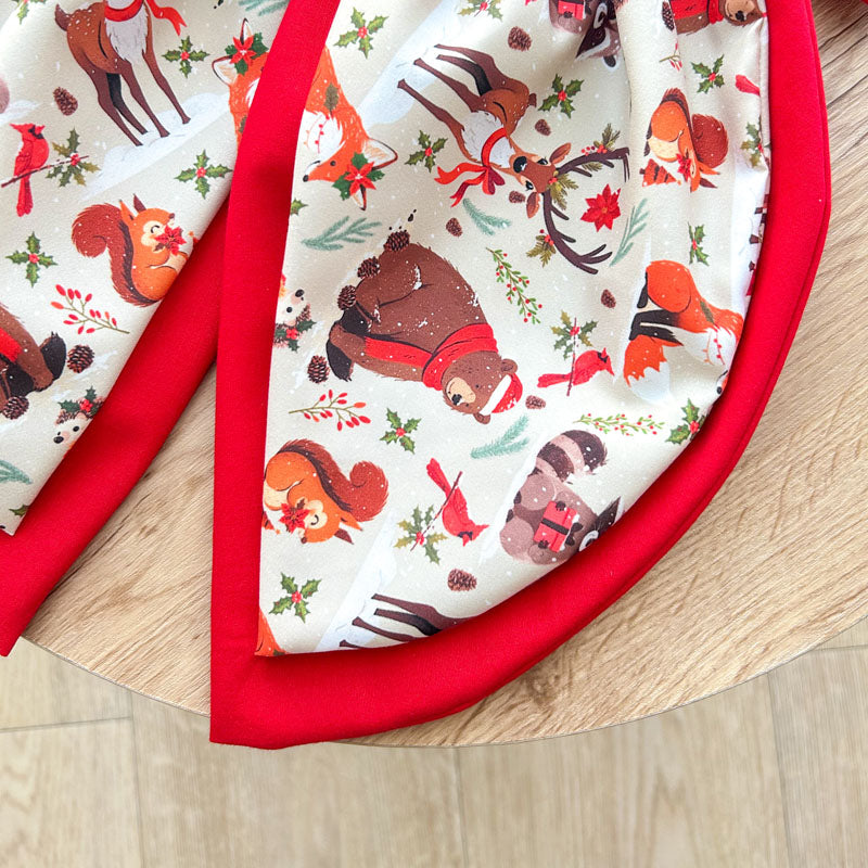 Διπλός Κόκκινος Φιόγκος - Ζωάκια σε Χριστουγεννιάτικη Παράσταση - Διακοσμητικός Χειροποίητος Υφασμάτινος Φιόγκος - Ύψος 47εκ Μήκος 30εκ