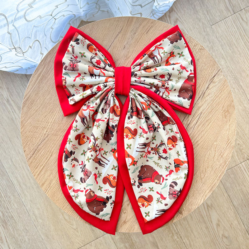 Διπλός Κόκκινος Φιόγκος - Ζωάκια σε Χριστουγεννιάτικη Παράσταση - Διακοσμητικός Χειροποίητος Υφασμάτινος Φιόγκος - Ύψος 47εκ Μήκος 30εκ