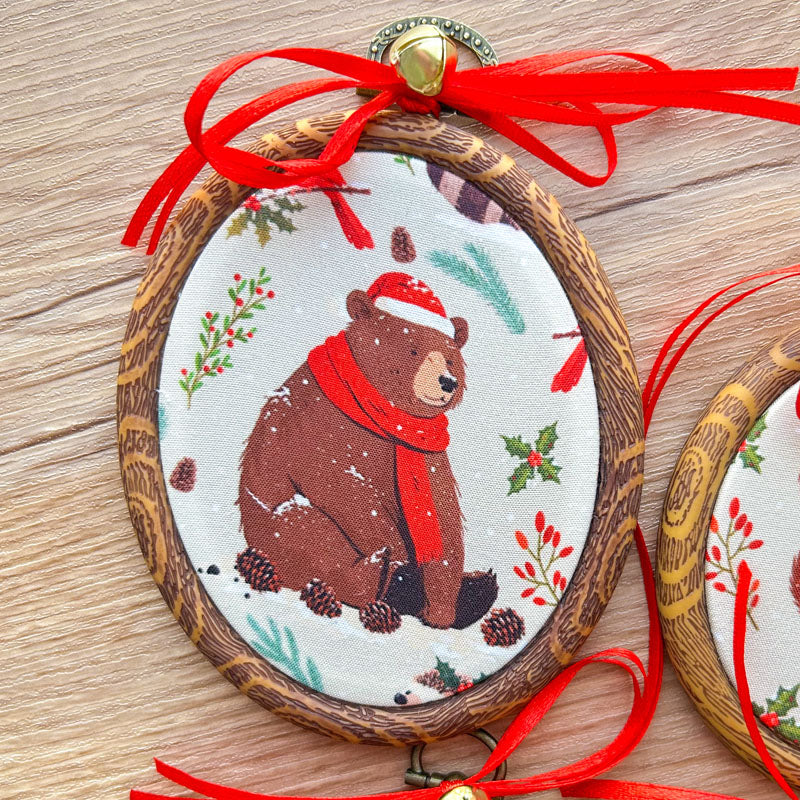 Χριστουγεννιάτικα Στολίδια σε Τελάρο Κεντήματος - 4 Τεμάχια - Ζώα του Δάσους