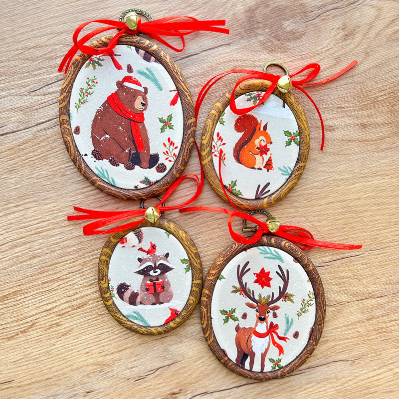 Χριστουγεννιάτικα Στολίδια σε Τελάρο Κεντήματος - 4 Τεμάχια - Ζώα του Δάσους