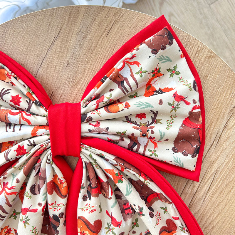 Διπλός Κόκκινος Φιόγκος - Ζωάκια σε Χριστουγεννιάτικη Παράσταση - Διακοσμητικός Χειροποίητος Υφασμάτινος Φιόγκος - Ύψος 47εκ Μήκος 30εκ