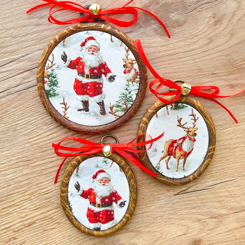 Χριστουγεννιάτικα Στολίδια σε Τελάρο Κεντήματος - 3 Τεμάχια - Άγιος Βασίλης και Ρούντολφ
