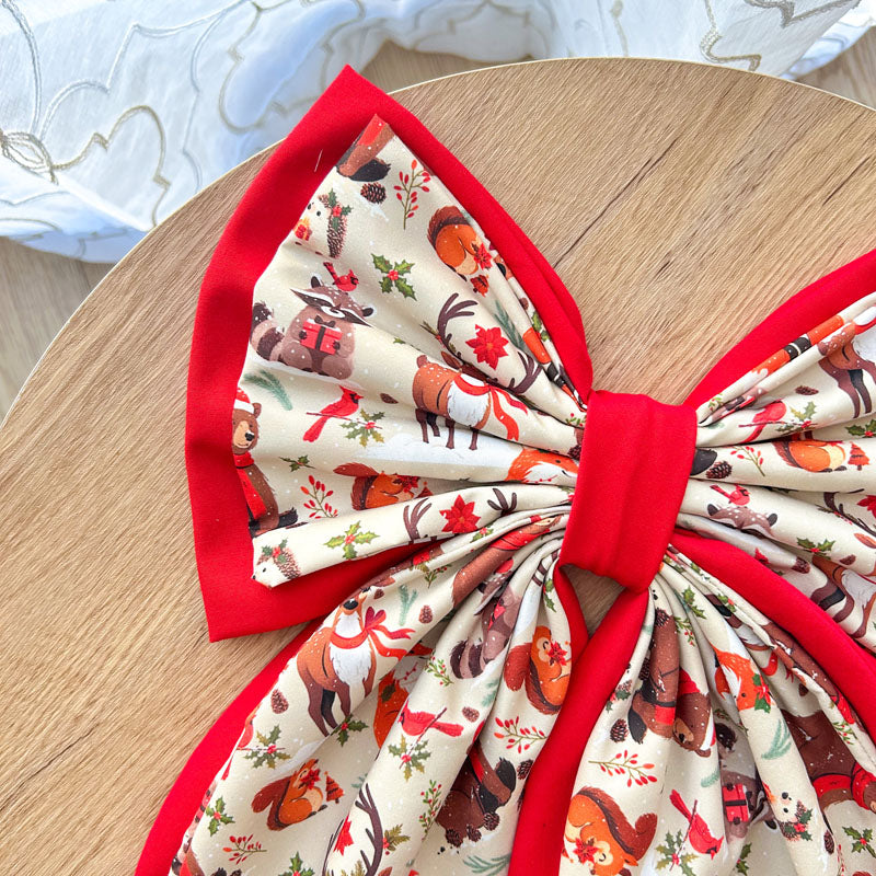 Διπλός Κόκκινος Φιόγκος - Ζωάκια σε Χριστουγεννιάτικη Παράσταση - Διακοσμητικός Χειροποίητος Υφασμάτινος Φιόγκος - Ύψος 47εκ Μήκος 30εκ