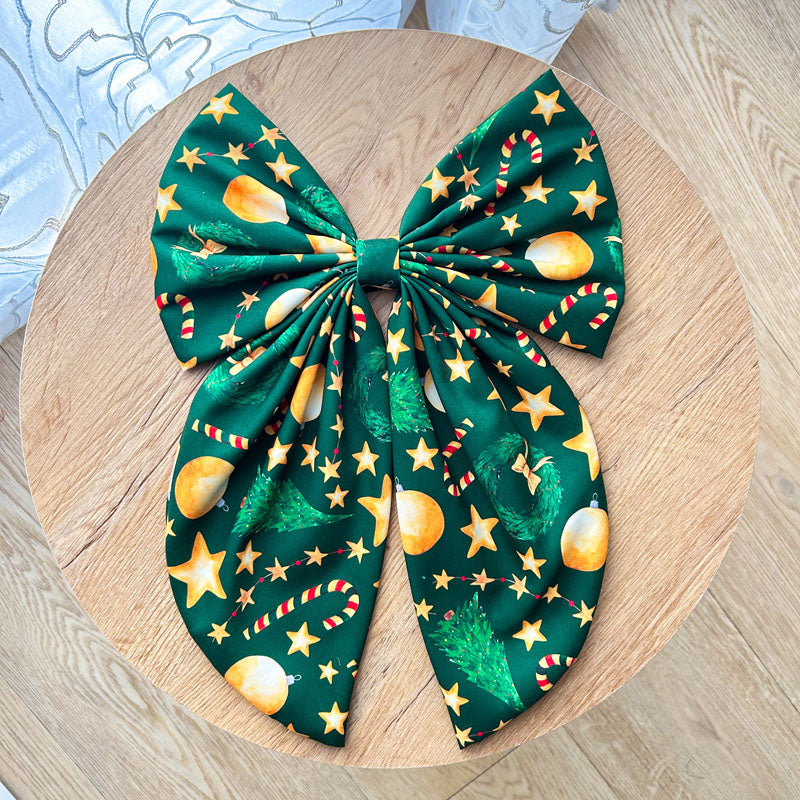 Πράσινος Φιόγκος με Χριστουγεννιάτικα Μοτίβα - Διακοσμητικός Χειροποίητος Υφασμάτινος Φιόγκος - Ύψος 45εκ Μήκος 30εκ