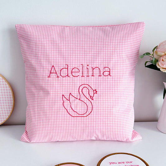 Χειροποίητο Διακοσμητικό Μαξιλάρι με Κέντημα - Προσωποποιημένο - "Όνομα με Κύκνο"