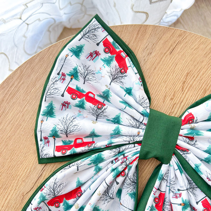 Διπλός Πράσινος Φιόγκος - Κόκκινα Αυτοκίνητα - Διακοσμητικός Χειροποίητος Υφασμάτινος Φιόγκος - Ύψος 47εκ Μήκος 30εκ