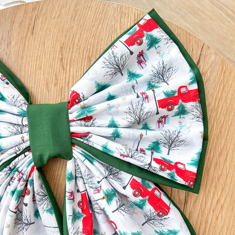 Διπλός Πράσινος Φιόγκος - Κόκκινα Αυτοκίνητα - Διακοσμητικός Χειροποίητος Υφασμάτινος Φιόγκος - Ύψος 47εκ Μήκος 30εκ