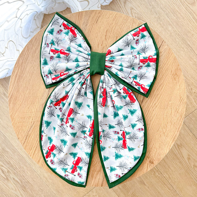 Διπλός Πράσινος Φιόγκος - Κόκκινα Αυτοκίνητα - Διακοσμητικός Χειροποίητος Υφασμάτινος Φιόγκος - Ύψος 47εκ Μήκος 30εκ